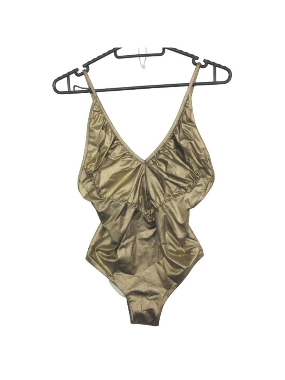 Chanel Dress Swimwear Body Suit Shirred Metallic CC Logo Gold 36